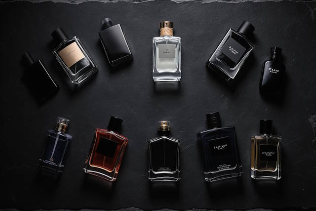 תצוגה מלמעלה של עשרה בקבוקי קולון גברי יוקרתיים